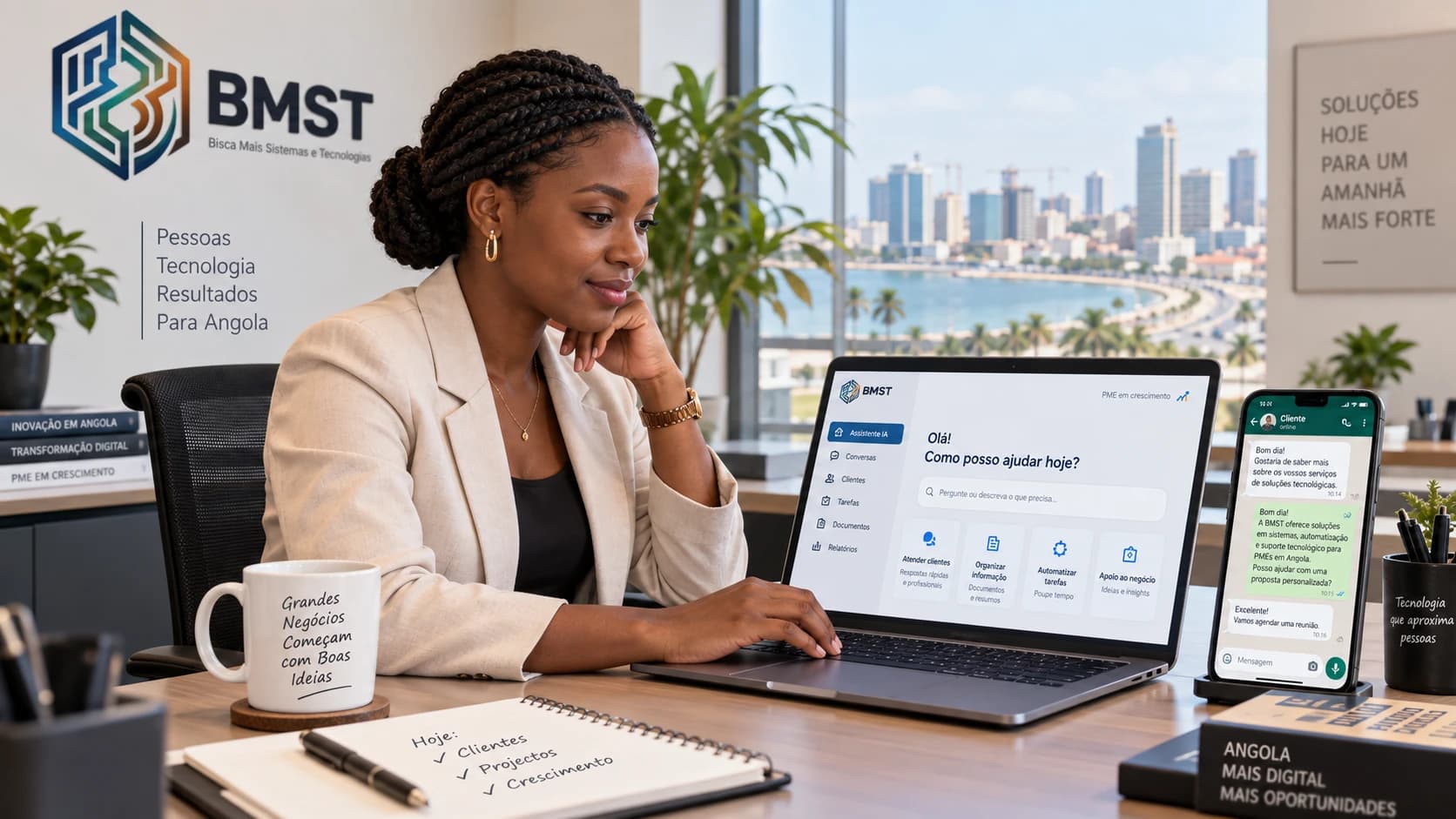 Profissional da BMST em Luanda a utilizar um assistente de inteligência artificial integrado com atendimento via WhatsApp.