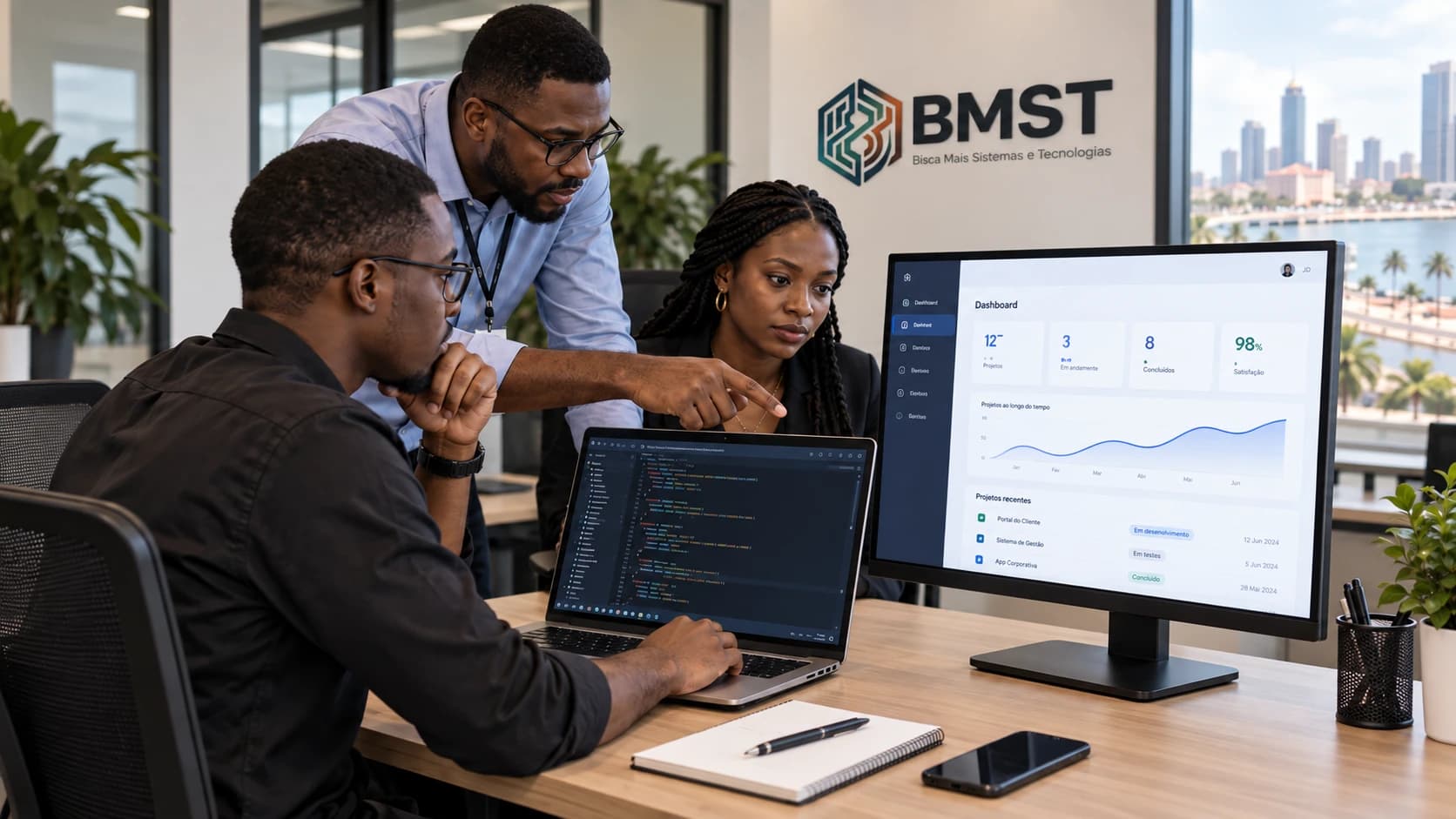 Equipa da BMST em Luanda a desenvolver e analisar uma aplicação de software empresarial.