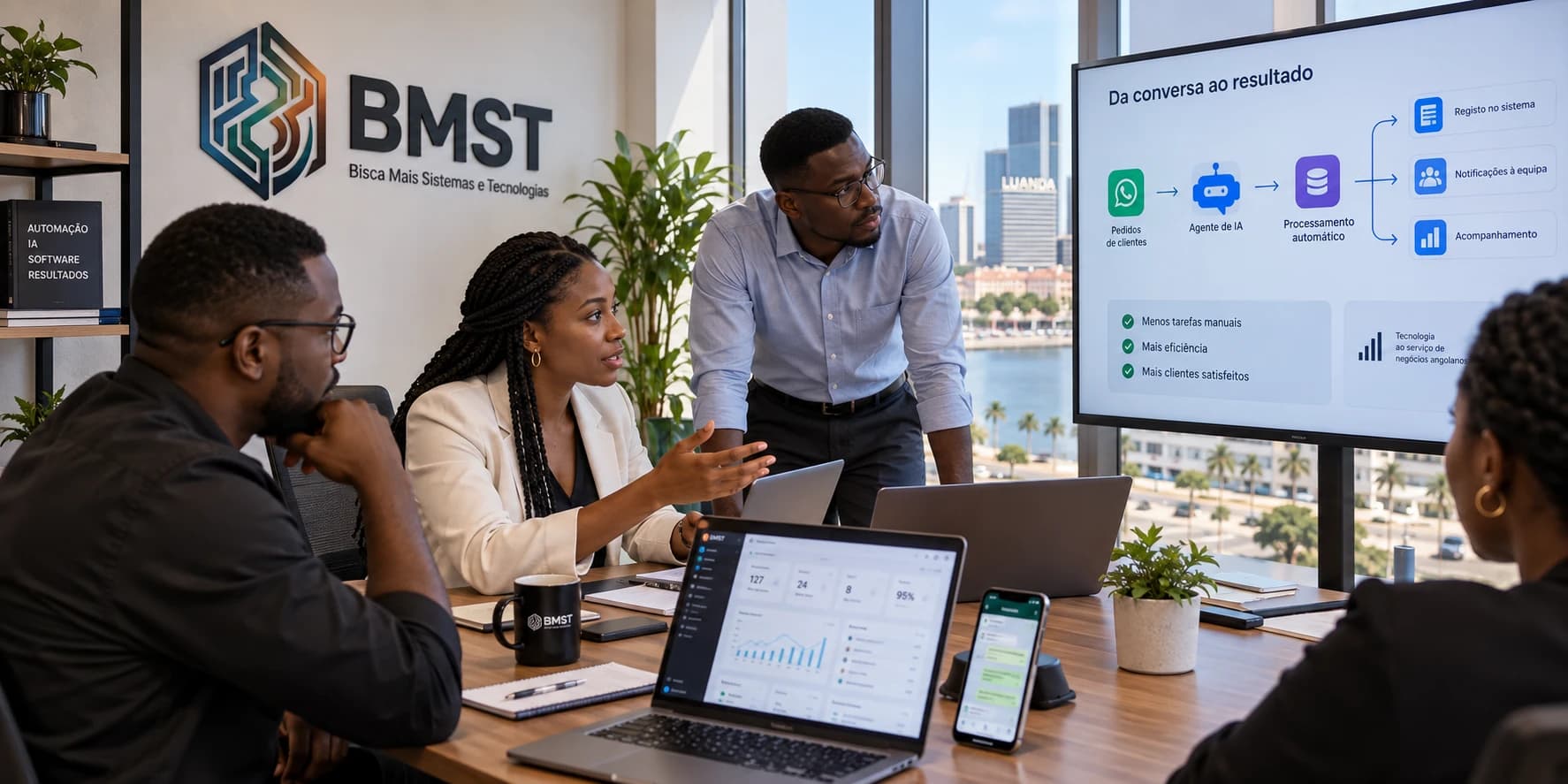 Equipa da BMST em Luanda a apresentar uma solução de automação, inteligência artificial e integração de sistemas.