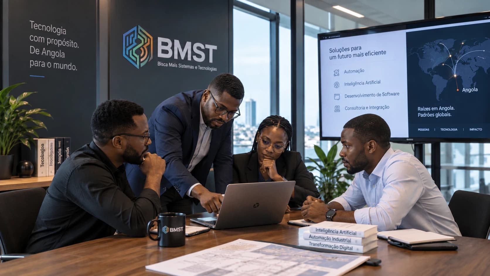 Equipa da BMST numa reunião técnica em Luanda sobre automação, inteligência artificial e desenvolvimento de software.