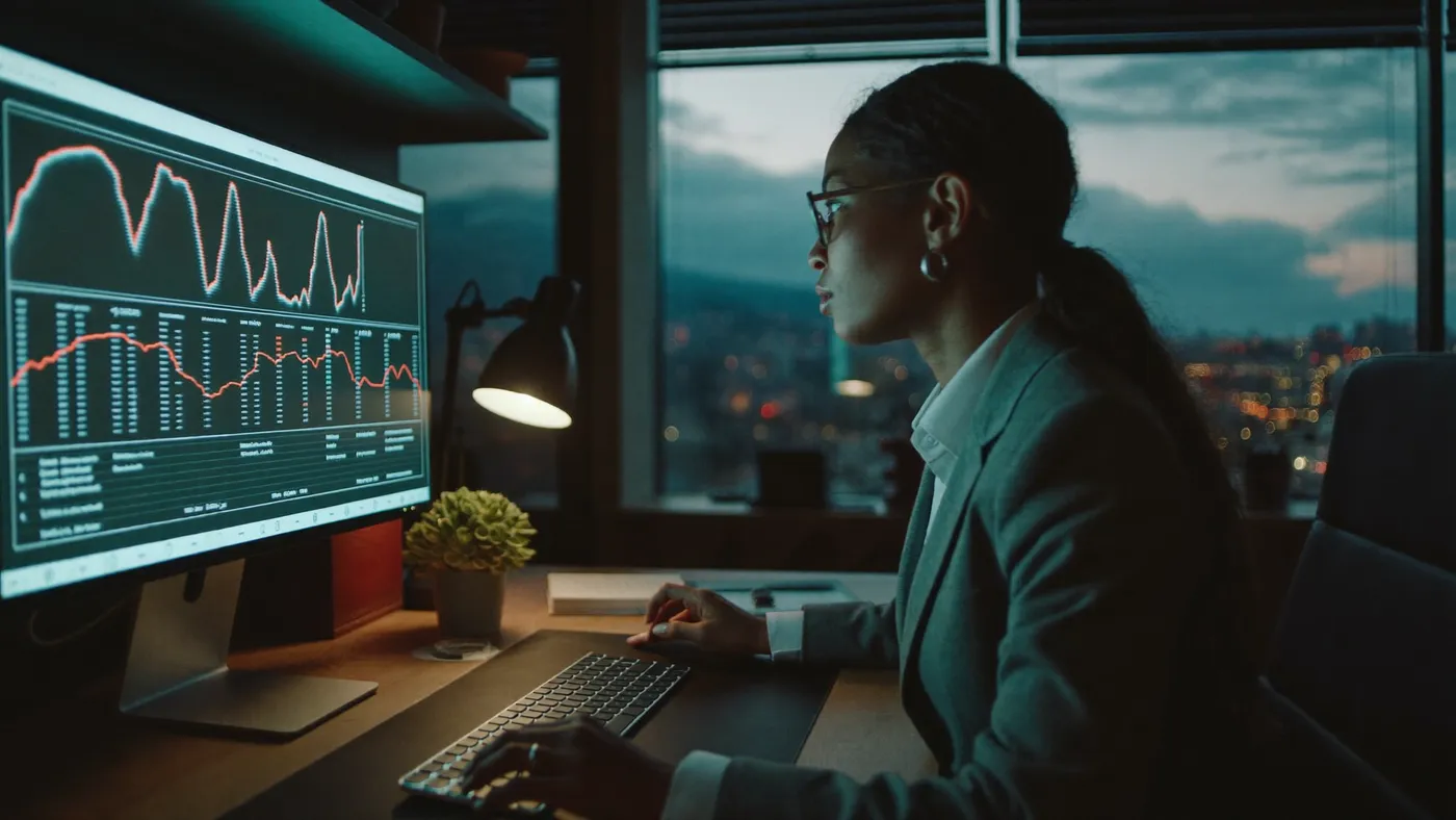 Analista de dados a estudar gráficos num monitor